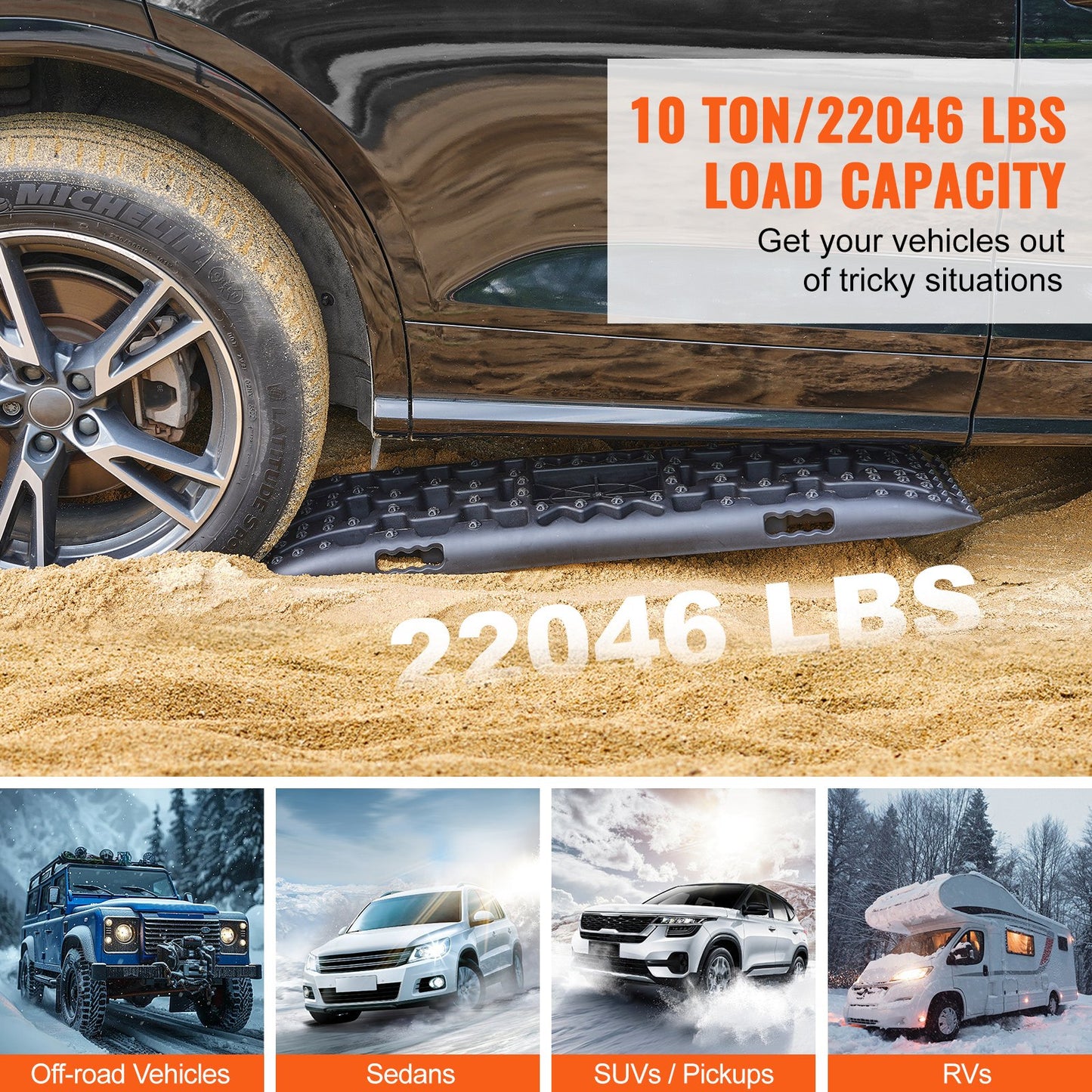 10-Tonnen-Traktionsmatten aus PP-Material, Bergungsmatten für Geländewagen/Pkw/Pickups/SUVs/Wohnmobile, Reifentraktionsmatten (Paar) für Schnee, Sand, Schlamm und loses Gelände, Aufbewahrungstasche, lang, schwarz