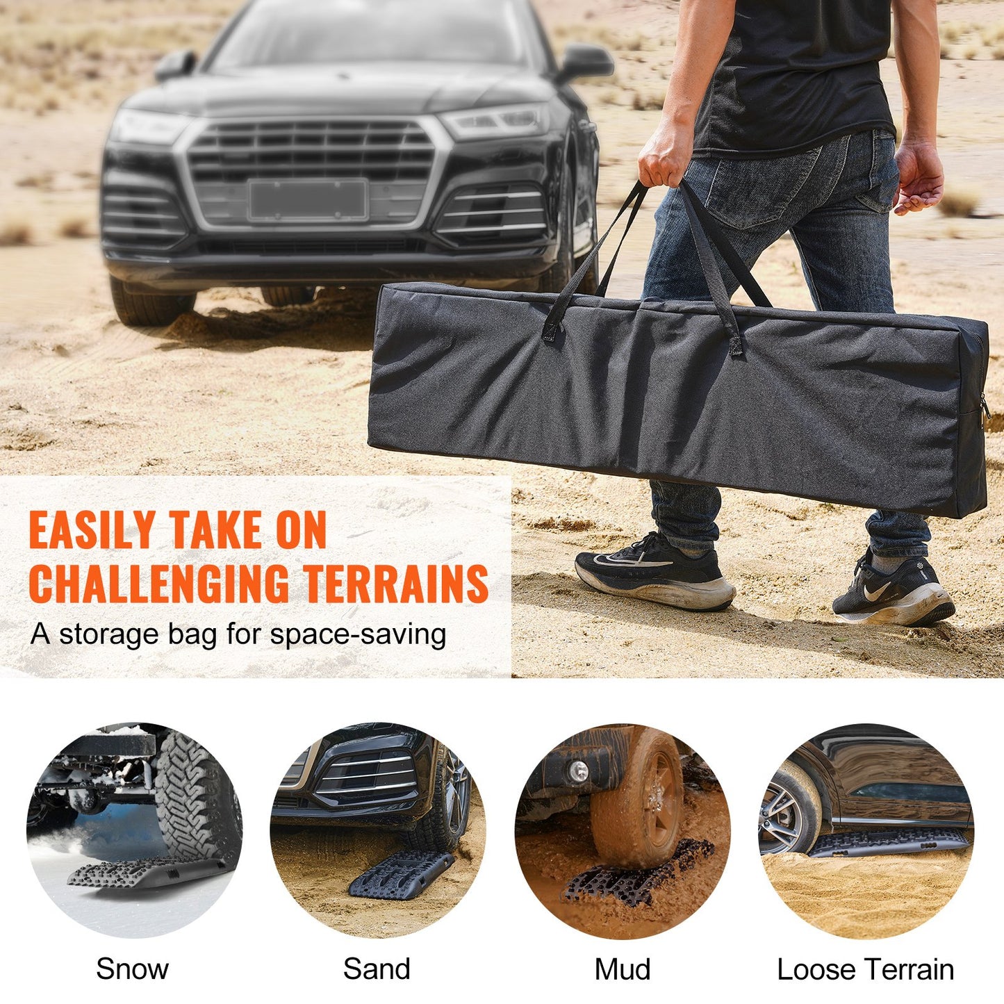 10-Tonnen-Traktionsmatten aus PP-Material, Bergungsmatten für Geländewagen/Pkw/Pickups/SUVs/Wohnmobile, Reifentraktionsmatten (Paar) für Schnee, Sand, Schlamm und loses Gelände, Aufbewahrungstasche, lang, schwarz