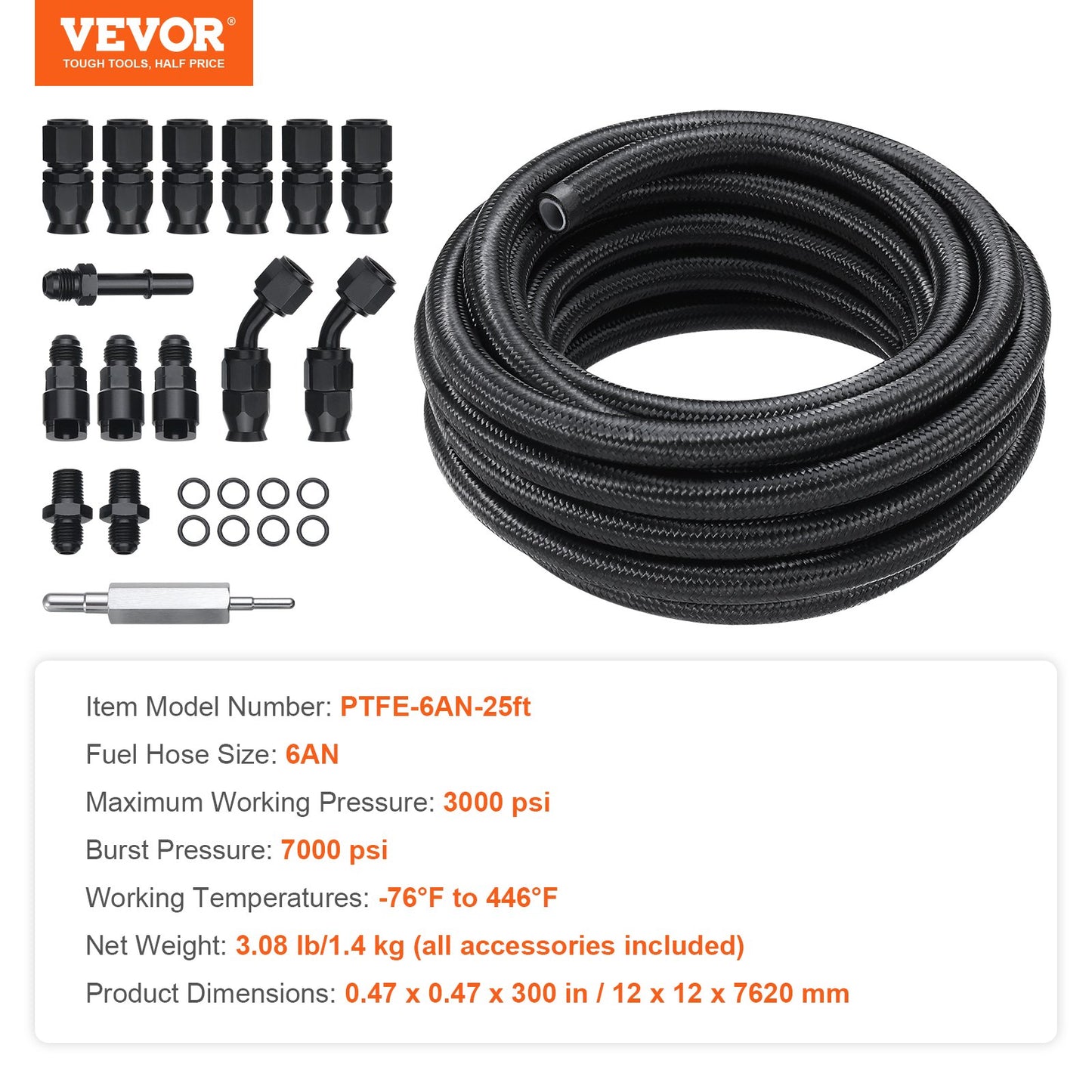 6AN Fuel Line Kit, 25 FT Fuel Hose Kit, 5/16" Nylon Stainless Steel Braided PTFE Fuel Line Kit, E85/Oil/Gas/Diesel Hose End Fitting Kit, with 15 PCS Swivel Fitting Adapter Kit, Black