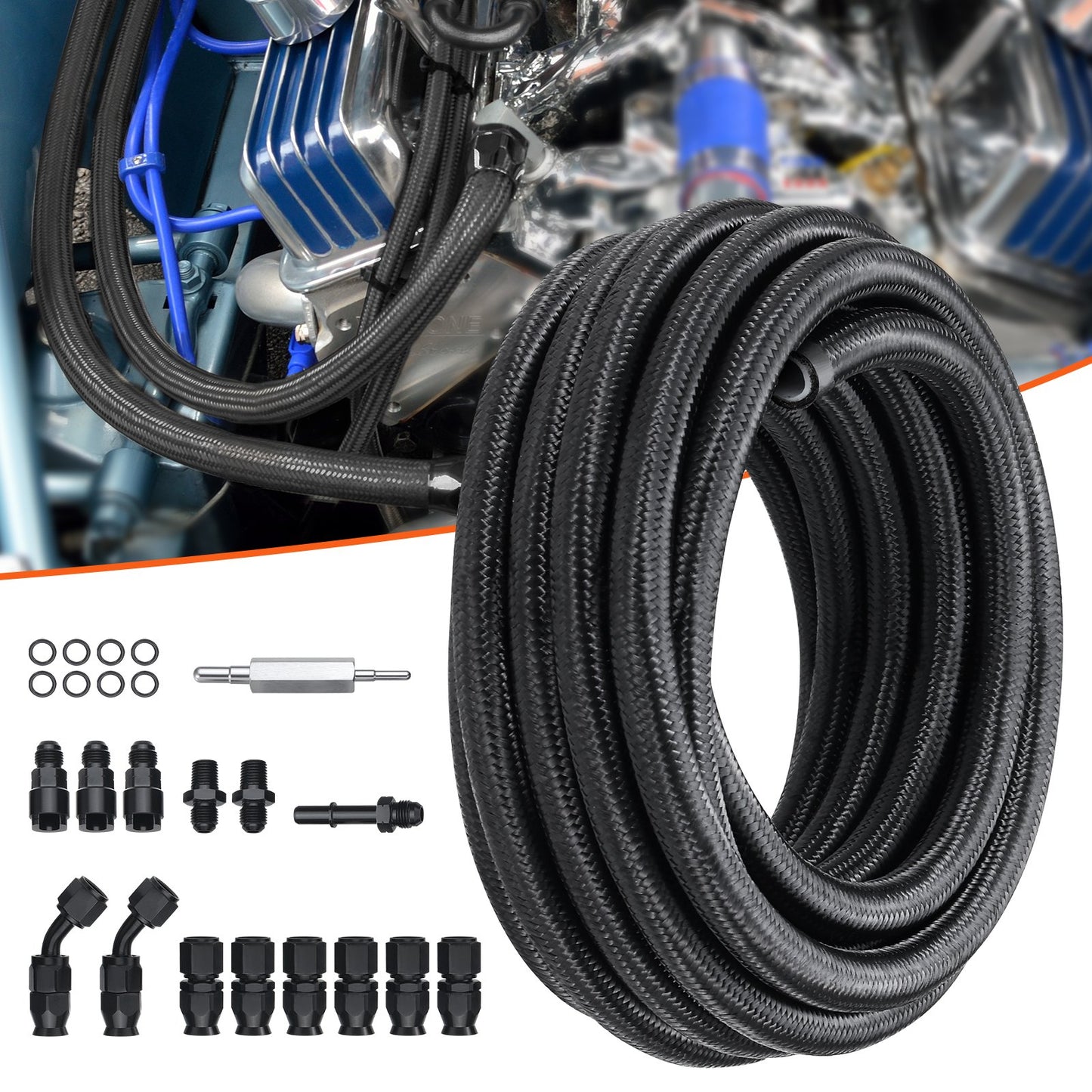 6AN Fuel Line Kit, 25 FT Fuel Hose Kit, 5/16" Nylon Stainless Steel Braided PTFE Fuel Line Kit, E85/Oil/Gas/Diesel Hose End Fitting Kit, with 15 PCS Swivel Fitting Adapter Kit, Black