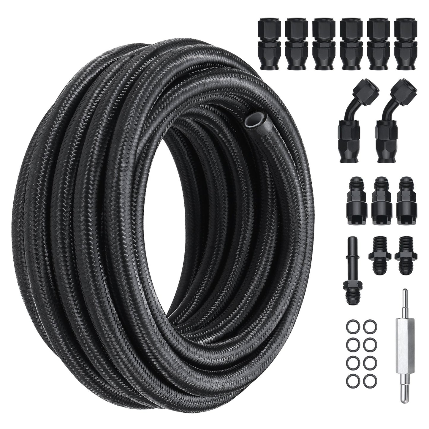 6AN Fuel Line Kit, 25 FT Fuel Hose Kit, 5/16" Nylon Stainless Steel Braided PTFE Fuel Line Kit, E85/Oil/Gas/Diesel Hose End Fitting Kit, with 15 PCS Swivel Fitting Adapter Kit, Black