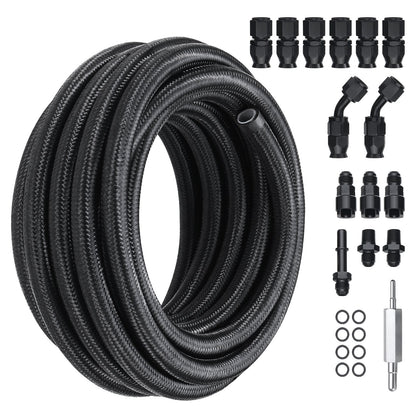 6AN Fuel Line Kit, 25 FT Fuel Hose Kit, 5/16" Nylon Stainless Steel Braided PTFE Fuel Line Kit, E85/Oil/Gas/Diesel Hose End Fitting Kit, with 15 PCS Swivel Fitting Adapter Kit, Black