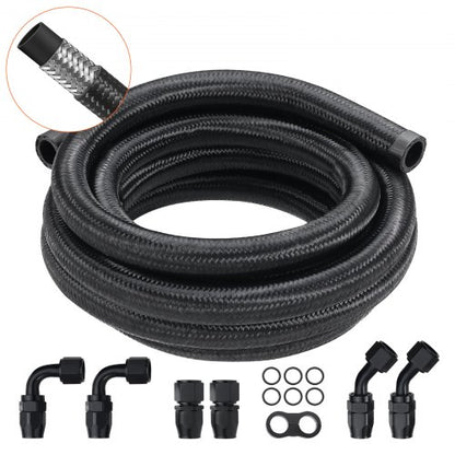 10AN Kraftstoffleitungssatz, 3 m Kraftstoffschlauch-Set, 14 mm (0,55 Zoll) Nylon-Edelstahl-Geflecht-Kraftstoffleitung Öl/Benzin/Diesel Schlauchanschluss-Set, mit 7-teiligem Drehgelenk-Adapter-Set, Schwarz