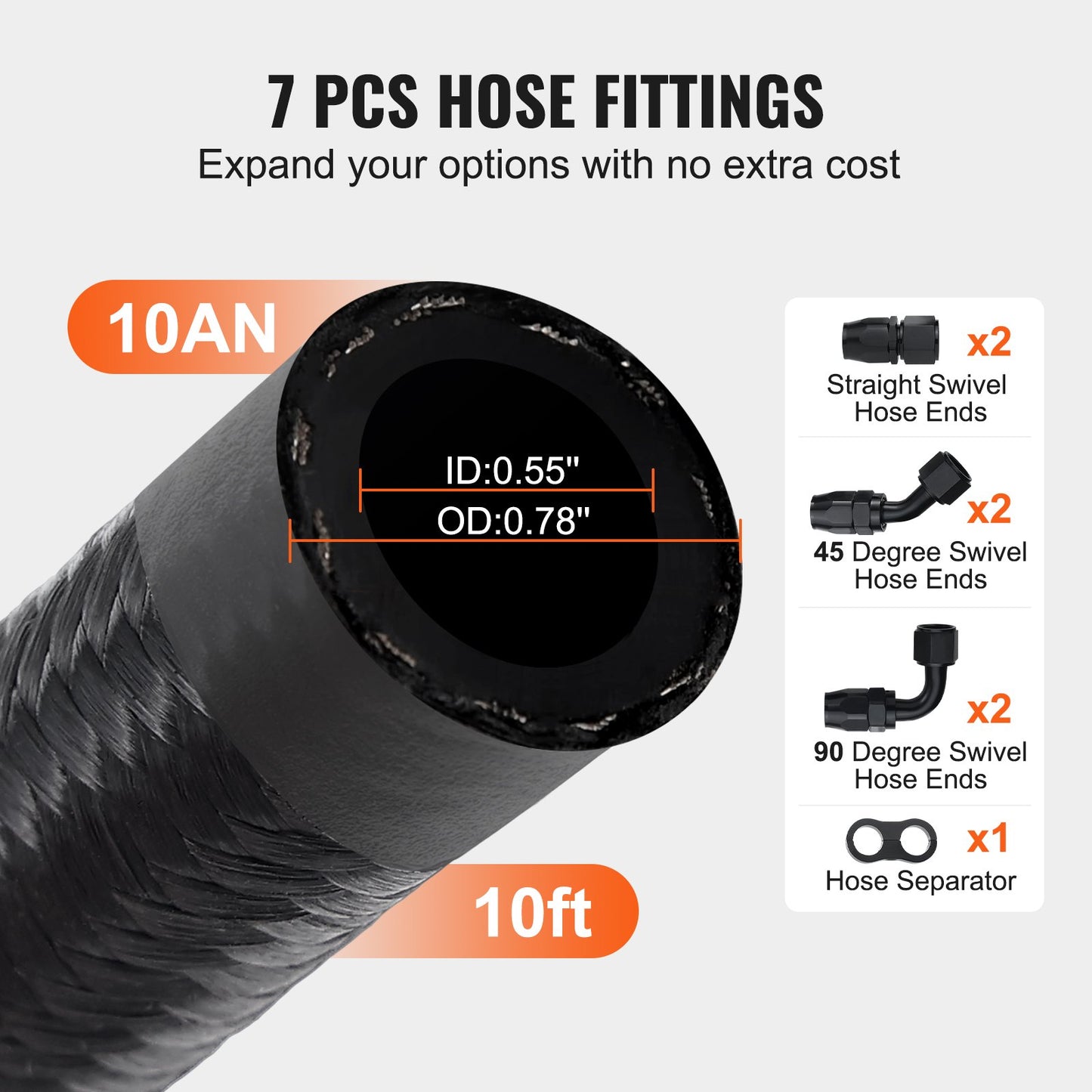 10AN Kraftstoffleitungssatz, 3 m Kraftstoffschlauch-Set, 14 mm (0,55 Zoll) Nylon-Edelstahl-Geflecht-Kraftstoffleitung Öl/Benzin/Diesel Schlauchanschluss-Set, mit 7-teiligem Drehgelenk-Adapter-Set, Schwarz