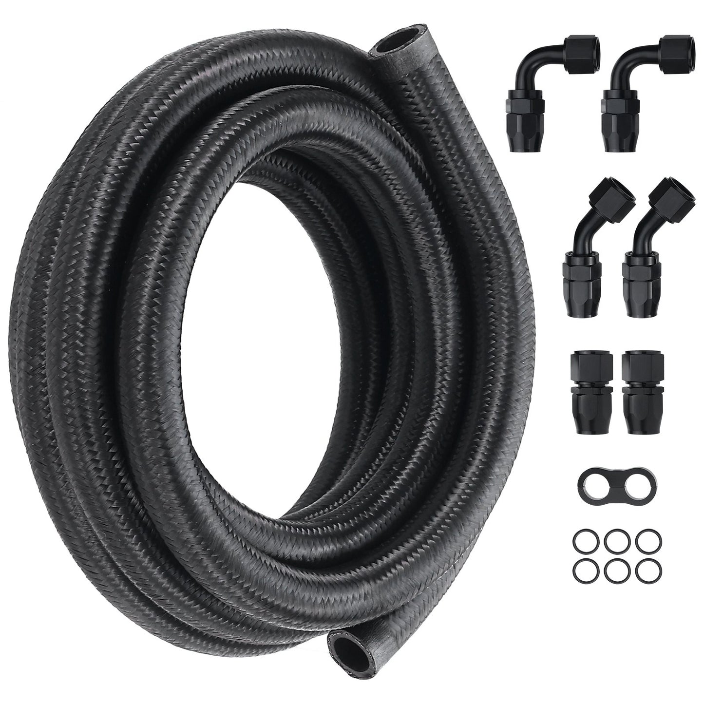10AN Kraftstoffleitungssatz, 3 m Kraftstoffschlauch-Set, 14 mm (0,55 Zoll) Nylon-Edelstahl-Geflecht-Kraftstoffleitung Öl/Benzin/Diesel Schlauchanschluss-Set, mit 7-teiligem Drehgelenk-Adapter-Set, Schwarz