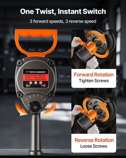 1-Inch Air Impact Wrench, Twin Hammer Air Impact Gun, Up to 1626N.m Reverse Torque, 4600RPM 6-Speed Pneumatic Wrench for Heavy Duty Auto Repairs and Maintenance