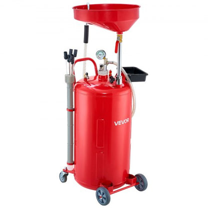 79.5L Waste Oil Drain Tank, Air Operated Portable Oil Drainer with Adjustable Funnel Height, Industrial Fluid Drain Tank with Wheels, Fluid Fuel Transfer Drainage for Auto Repair Shops, Red