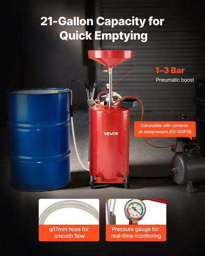 79.5L Waste Oil Drain Tank, Air Operated Portable Oil Drainer with Adjustable Funnel Height, Industrial Fluid Drain Tank with Wheels, Fluid Fuel Transfer Drainage for Auto Repair Shops, Red