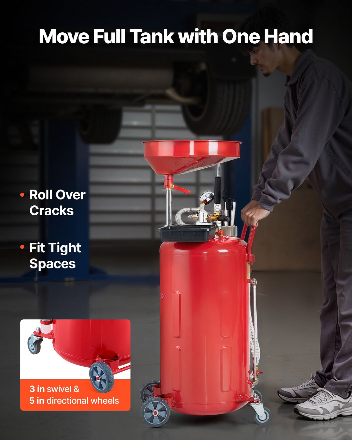 79.5L Waste Oil Drain Tank, Air Operated Portable Oil Drainer with Adjustable Funnel Height, Industrial Fluid Drain Tank with Wheels, Fluid Fuel Transfer Drainage for Auto Repair Shops, Red