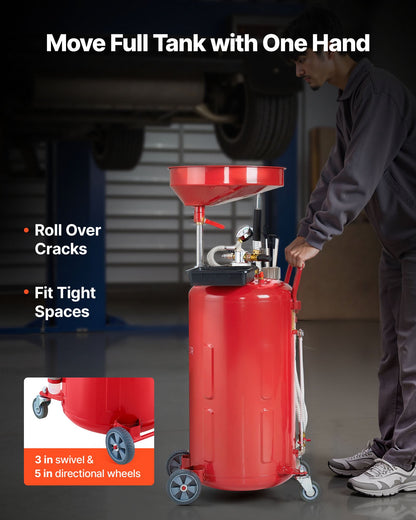 79.5L Waste Oil Drain Tank, Air Operated Portable Oil Drainer with Adjustable Funnel Height, Industrial Fluid Drain Tank with Wheels, Fluid Fuel Transfer Drainage for Auto Repair Shops, Red