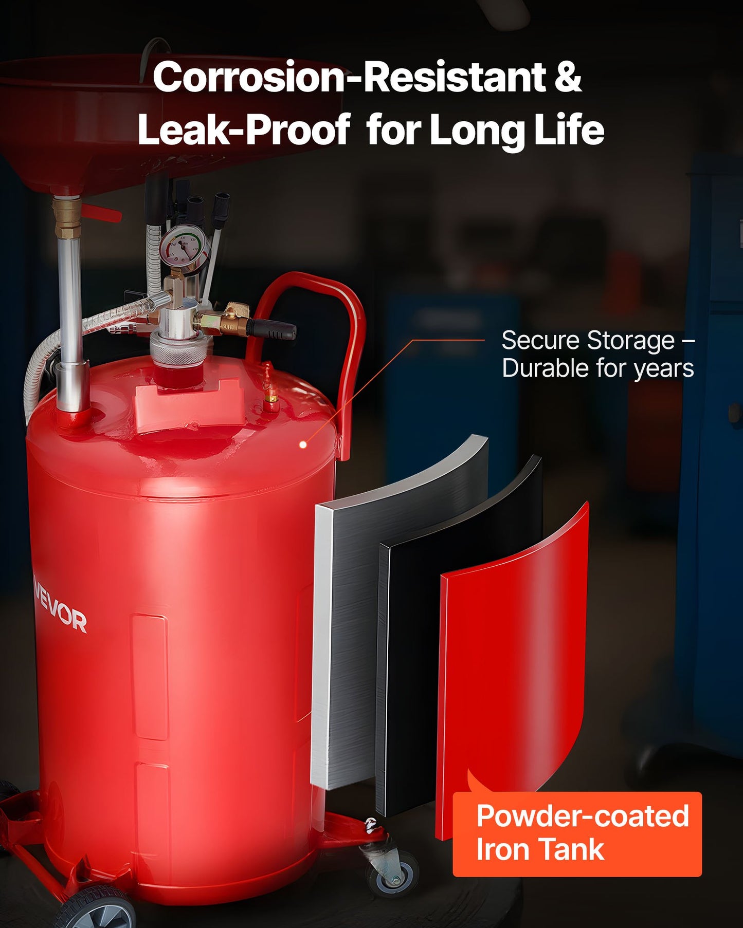 79.5L Waste Oil Drain Tank, Air Operated Portable Oil Drainer with Adjustable Funnel Height, Industrial Fluid Drain Tank with Wheels, Fluid Fuel Transfer Drainage for Auto Repair Shops, Red