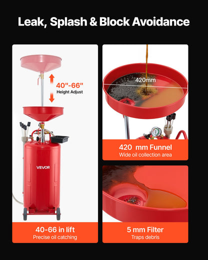 79.5L Waste Oil Drain Tank, Air Operated Portable Oil Drainer with Adjustable Funnel Height, Industrial Fluid Drain Tank with Wheels, Fluid Fuel Transfer Drainage for Auto Repair Shops, Red