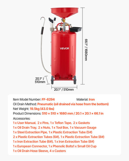 79.5L Waste Oil Drain Tank, Air Operated Portable Oil Drainer with Adjustable Funnel Height, Industrial Fluid Drain Tank with Wheels, Fluid Fuel Transfer Drainage for Auto Repair Shops, Red