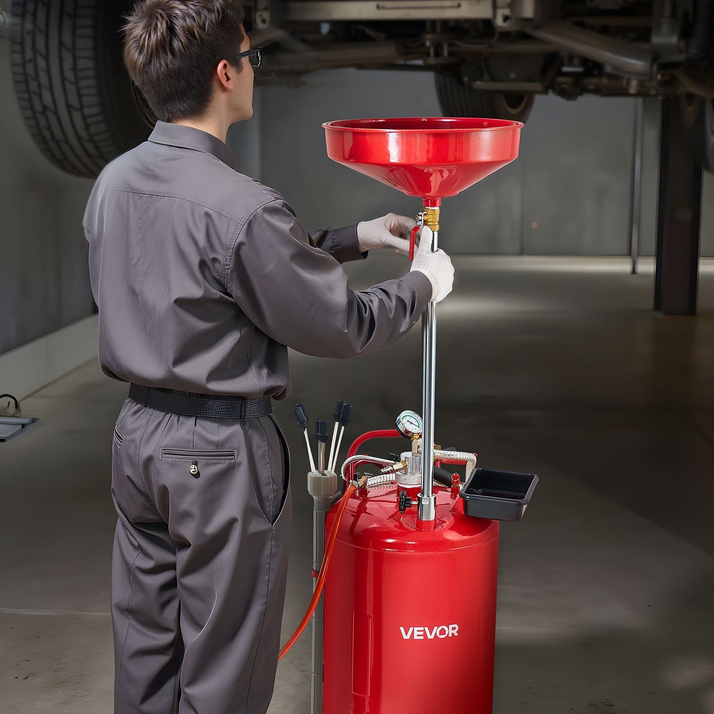 79.5L Waste Oil Drain Tank, Air Operated Portable Oil Drainer with Adjustable Funnel Height, Industrial Fluid Drain Tank with Wheels, Fluid Fuel Transfer Drainage for Auto Repair Shops, Red