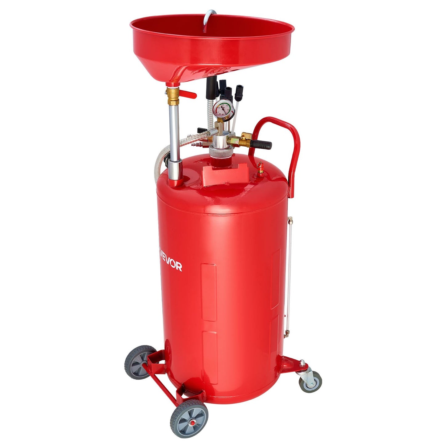79.5L Waste Oil Drain Tank, Air Operated Portable Oil Drainer with Adjustable Funnel Height, Industrial Fluid Drain Tank with Wheels, Fluid Fuel Transfer Drainage for Auto Repair Shops, Red
