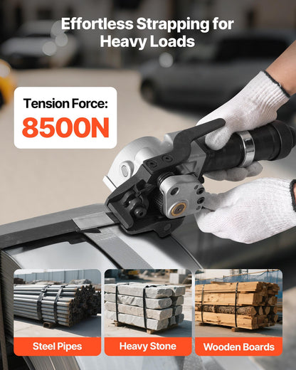 Pneumatic Steel Strapping Machine, 8500 N Tension Force, Metal Strapping Tool Tensioner and Cutter Sealer for 19 mm Width Metal Belt, Heavy Duty Split Type Baler for High Tensile Packaging