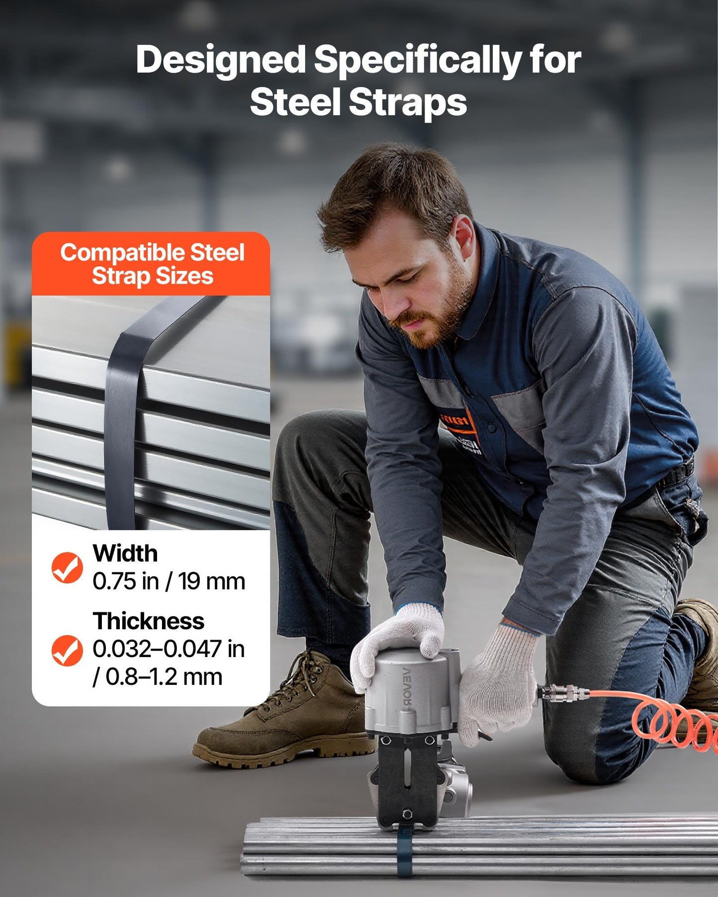 Pneumatic Steel Strapping Machine, 8500 N Tension Force, Metal Strapping Tool Tensioner and Cutter Sealer for 19 mm Width Metal Belt, Heavy Duty Split Type Baler for High Tensile Packaging