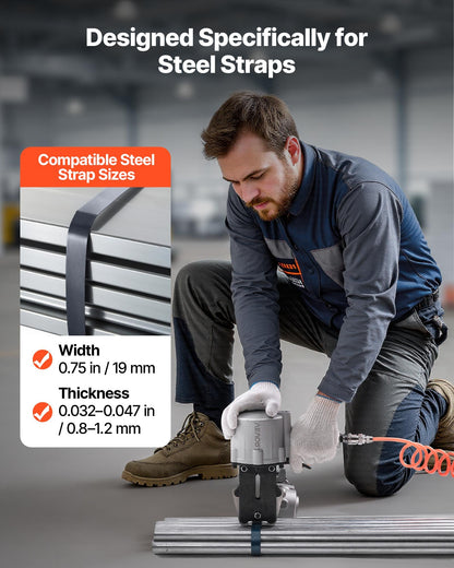Pneumatic Steel Strapping Machine, 8500 N Tension Force, Metal Strapping Tool Tensioner and Cutter Sealer for 19 mm Width Metal Belt, Heavy Duty Split Type Baler for High Tensile Packaging