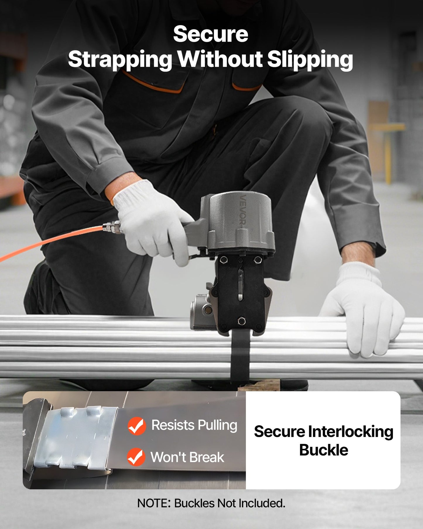 Pneumatic Steel Strapping Machine, 8500 N Tension Force, Metal Strapping Tool Tensioner and Cutter Sealer for 19 mm Width Metal Belt, Heavy Duty Split Type Baler for High Tensile Packaging