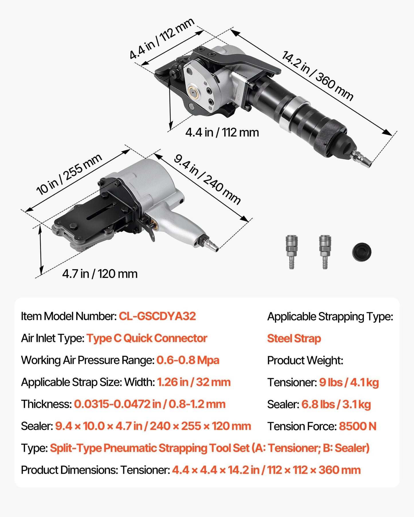 Pneumatische Stahlbandumreifungsmaschine, 8500 N Zugkraft, Spann- und Schneidwerkzeug für 32 mm breite Metallbänder, Hochleistungs-Ballenpresse (geteilt) für hochfeste Verpackungen