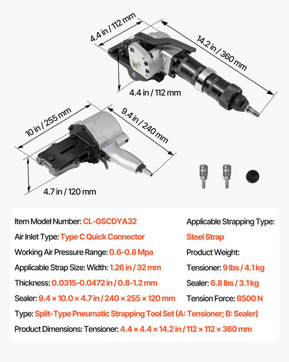 Pneumatische Stahlbandumreifungsmaschine, 8500 N Zugkraft, Spann- und Schneidwerkzeug für 32 mm breite Metallbänder, Hochleistungs-Ballenpresse (geteilt) für hochfeste Verpackungen