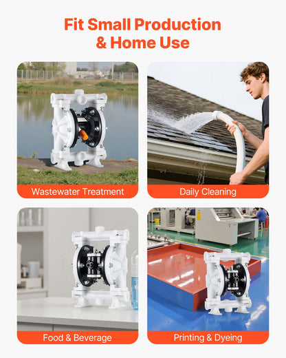 Air Operated Double Diaphragm Pump, 16.66 LPM Max, Standard Inlet & Outlet Air Pneumatic Waste Oil Transfer Pump, Polypropylene Body, Dual Diaphragms, for Diesel, Grease, Kerosene, Gasoline