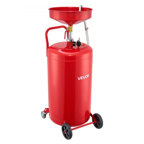 95L Waste Oil Drain Tank, Air Operated Portable Oil Drainer with Adjustable Funnel Height, Industrial Fluid Drain Tank with Wheels, Fluid Fuel Transfer Drainage for Auto Repair Shops, Red