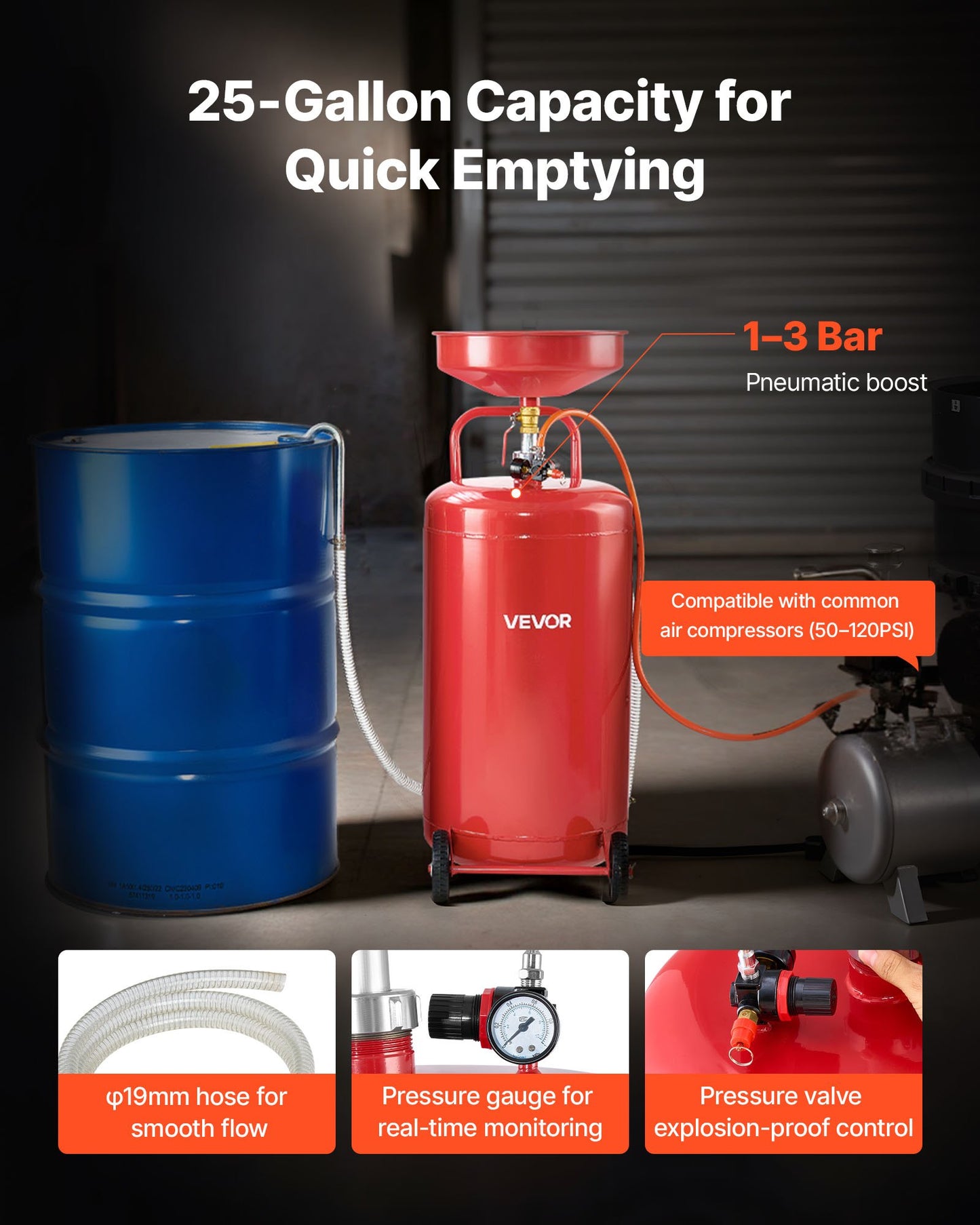 95L Waste Oil Drain Tank, Air Operated Portable Oil Drainer with Adjustable Funnel Height, Industrial Fluid Drain Tank with Wheels, Fluid Fuel Transfer Drainage for Auto Repair Shops, Red