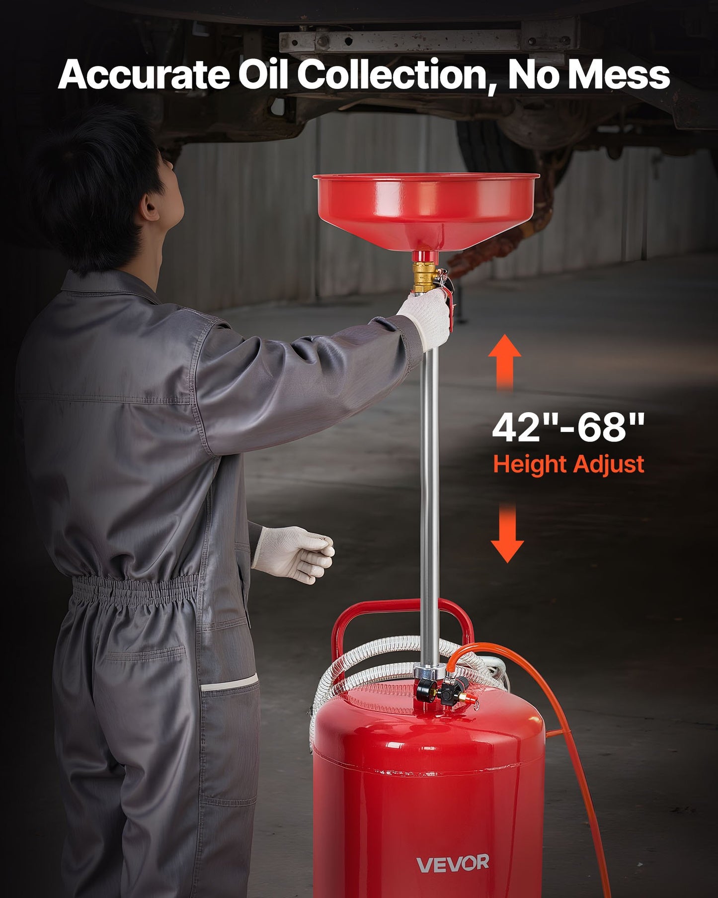 95L Waste Oil Drain Tank, Air Operated Portable Oil Drainer with Adjustable Funnel Height, Industrial Fluid Drain Tank with Wheels, Fluid Fuel Transfer Drainage for Auto Repair Shops, Red