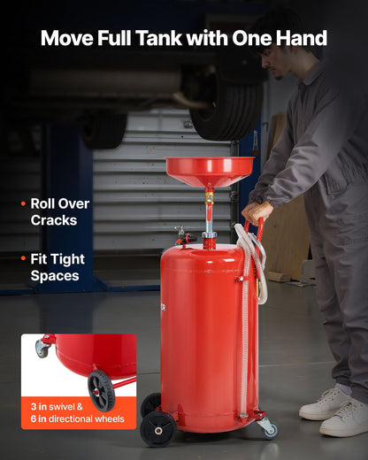 95L Waste Oil Drain Tank, Air Operated Portable Oil Drainer with Adjustable Funnel Height, Industrial Fluid Drain Tank with Wheels, Fluid Fuel Transfer Drainage for Auto Repair Shops, Red