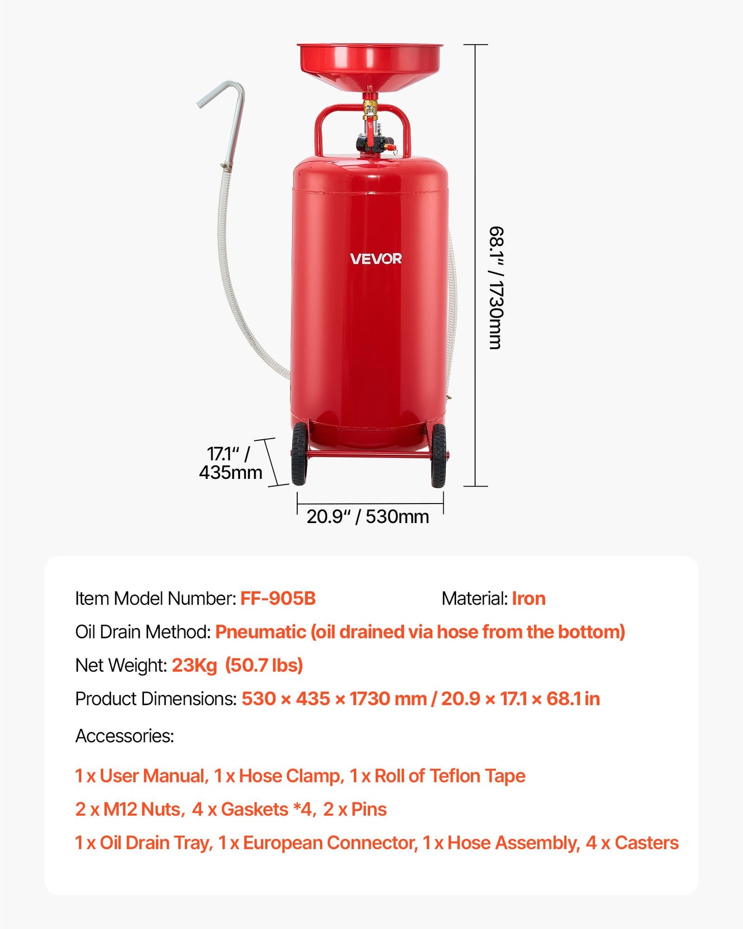 95L Waste Oil Drain Tank, Air Operated Portable Oil Drainer with Adjustable Funnel Height, Industrial Fluid Drain Tank with Wheels, Fluid Fuel Transfer Drainage for Auto Repair Shops, Red