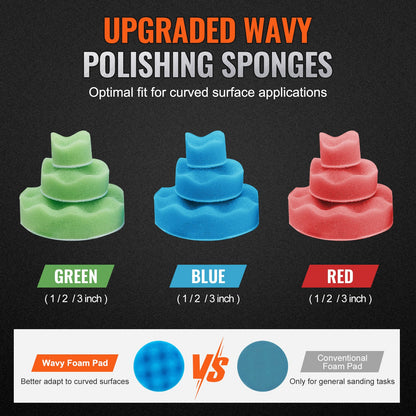 Mini Air Sander, 2.5/5.1/7.6 cm Random Orbital Air Sander, 15000r/min High Speed Mini Pneumatic Sander Polisher for Auto Body Work, 58PCS Air Powered Sander Kit with Wavy Sponges, Sandpapers, Wool Pad