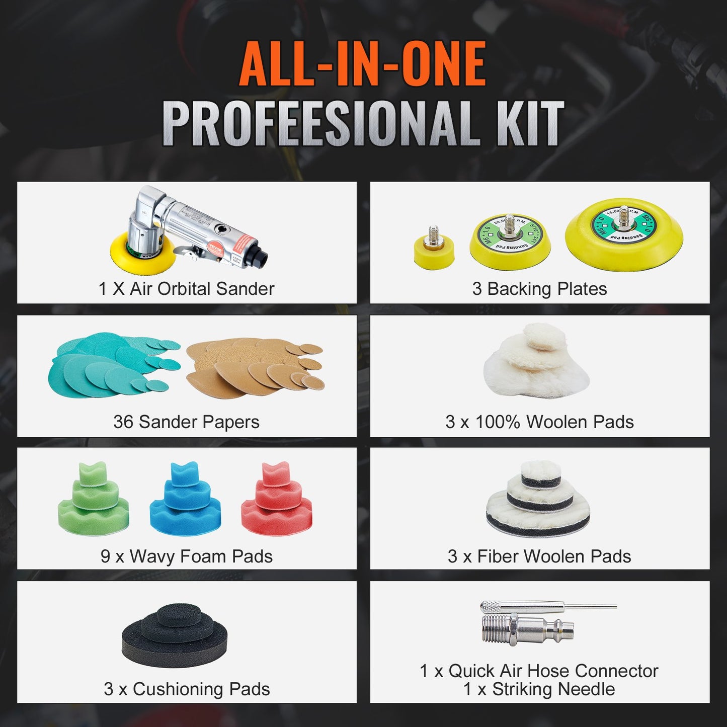 Mini Air Sander, 2.5/5.1/7.6 cm Random Orbital Air Sander, 15000r/min High Speed Mini Pneumatic Sander Polisher for Auto Body Work, 58PCS Air Powered Sander Kit with Wavy Sponges, Sandpapers, Wool Pad