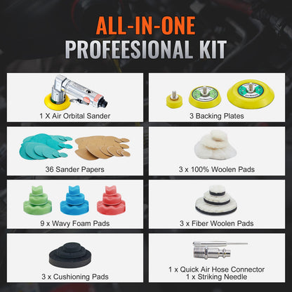Mini Air Sander, 2.5/5.1/7.6 cm Random Orbital Air Sander, 15000r/min High Speed Mini Pneumatic Sander Polisher for Auto Body Work, 58PCS Air Powered Sander Kit with Wavy Sponges, Sandpapers, Wool Pad