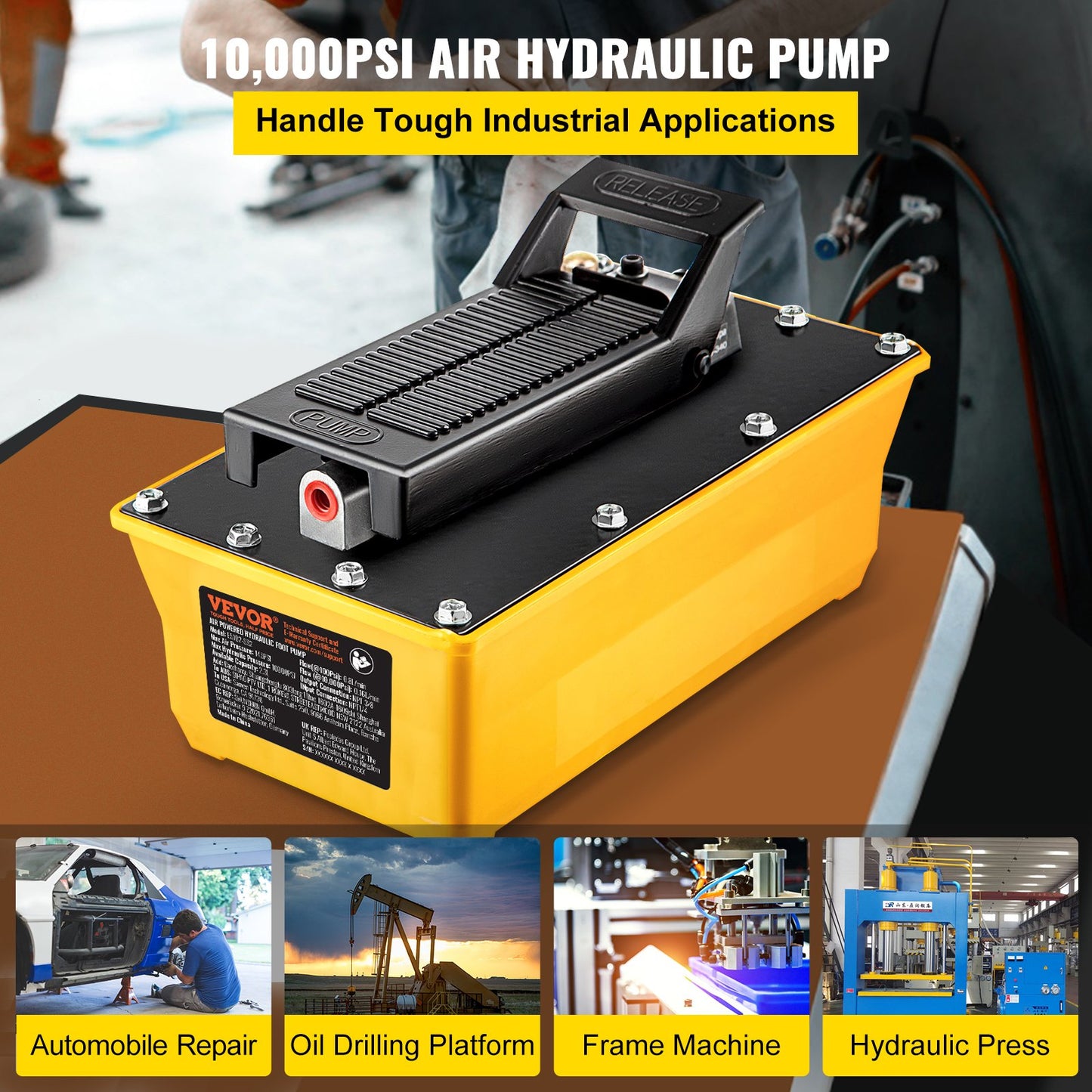 Air Hydraulic Pump, 10,000 PSI Hydraulic Foot Pump, 1.89 L Reservoir Foot Operated Air/Hydraulic Pump, with Hose and Spray Gun for Heavy Machinery Rigging, Auto Repair, Auto Body Frame Machines