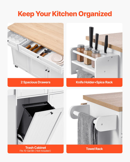 Küchenwagen mit Stauraum, 153 cm breit, fahrbar, mit Klappplatte, 2 Schubladen, Abfallbehälter, Messerhalter, Gewürzregal und Handtuchhalter, Tisch für Esszimmer und Speisekammer