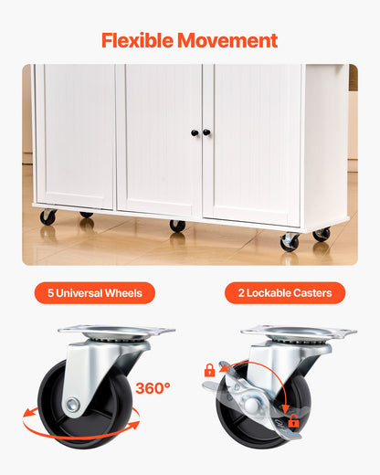 Küchenwagen mit Stauraum, 153 cm breit, fahrbar, mit Klappplatte, 2 Schubladen, Abfallbehälter, Messerhalter, Gewürzregal und Handtuchhalter, Tisch für Esszimmer und Speisekammer