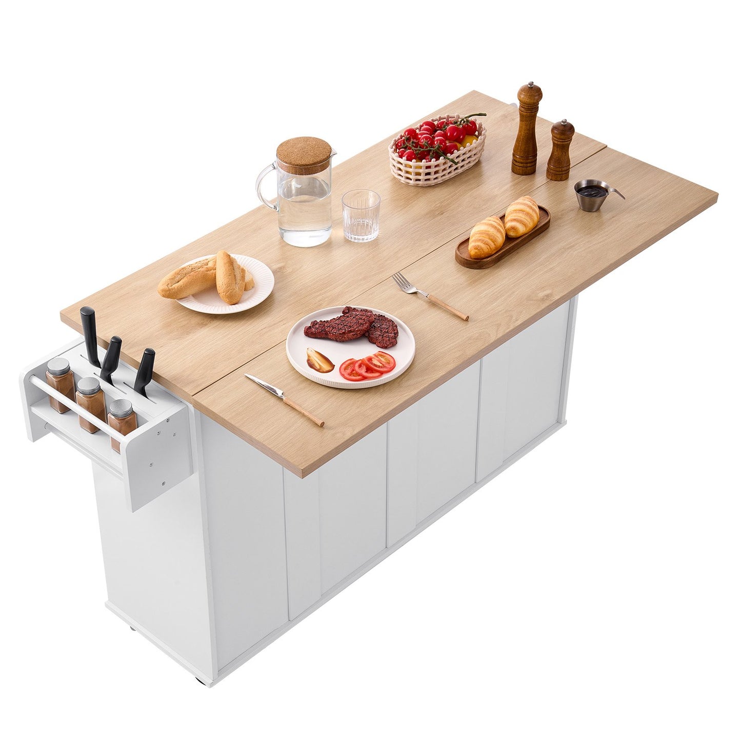 Küchenwagen mit Stauraum, 153 cm breit, fahrbar, mit Klappplatte, 2 Schubladen, Abfallbehälter, Messerhalter, Gewürzregal und Handtuchhalter, Tisch für Esszimmer und Speisekammer