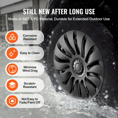 Radkappen, 19 Zoll, passend für Ford Model Y (2020–2024), mit Schnappverschluss, Schutzband und Ventilbohrung. Hergestellt aus ABS und Polycarbonat (PC) für hohe Stabilität und geringen Luftwiderstand. Für alle Wetterbedingungen geeignet.