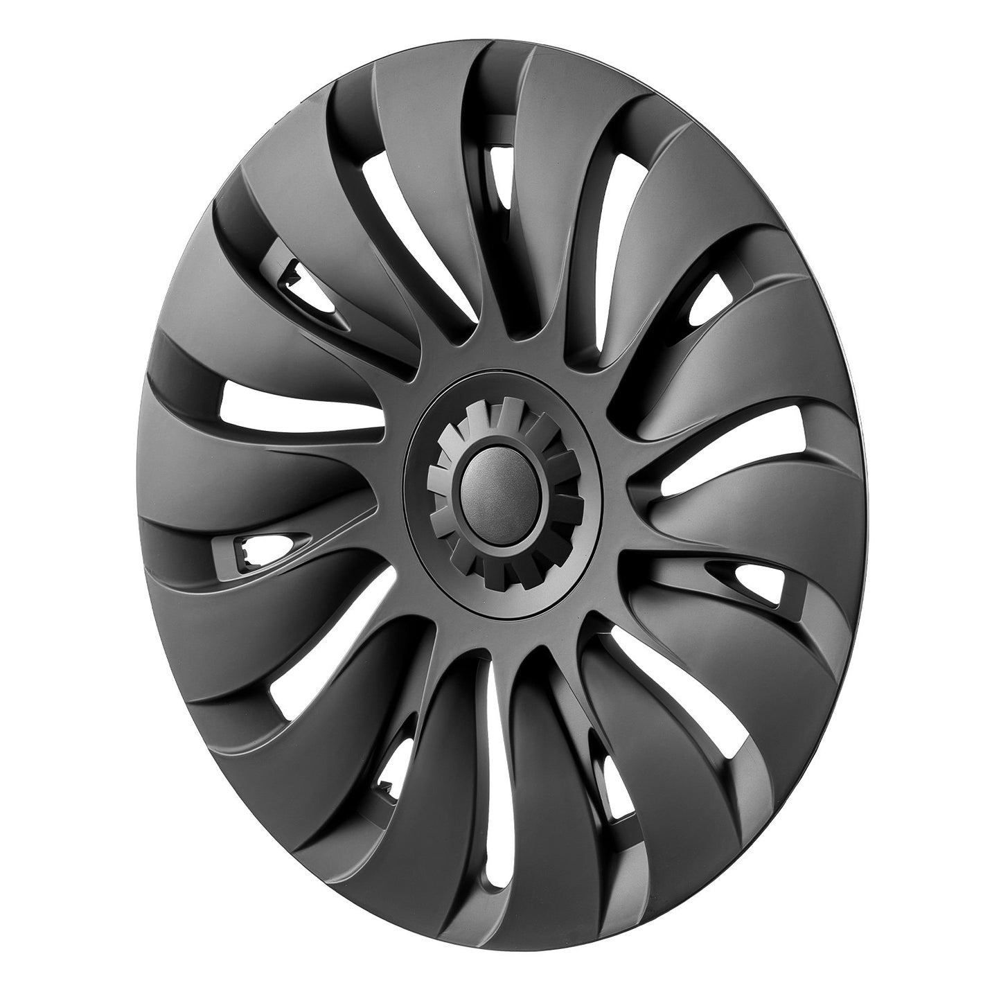 Radkappen, 19 Zoll, passend für Ford Model Y (2020–2024), mit Schnappverschluss, Schutzband und Ventilbohrung. Hergestellt aus ABS und Polycarbonat (PC) für hohe Stabilität und geringen Luftwiderstand. Für alle Wetterbedingungen geeignet.