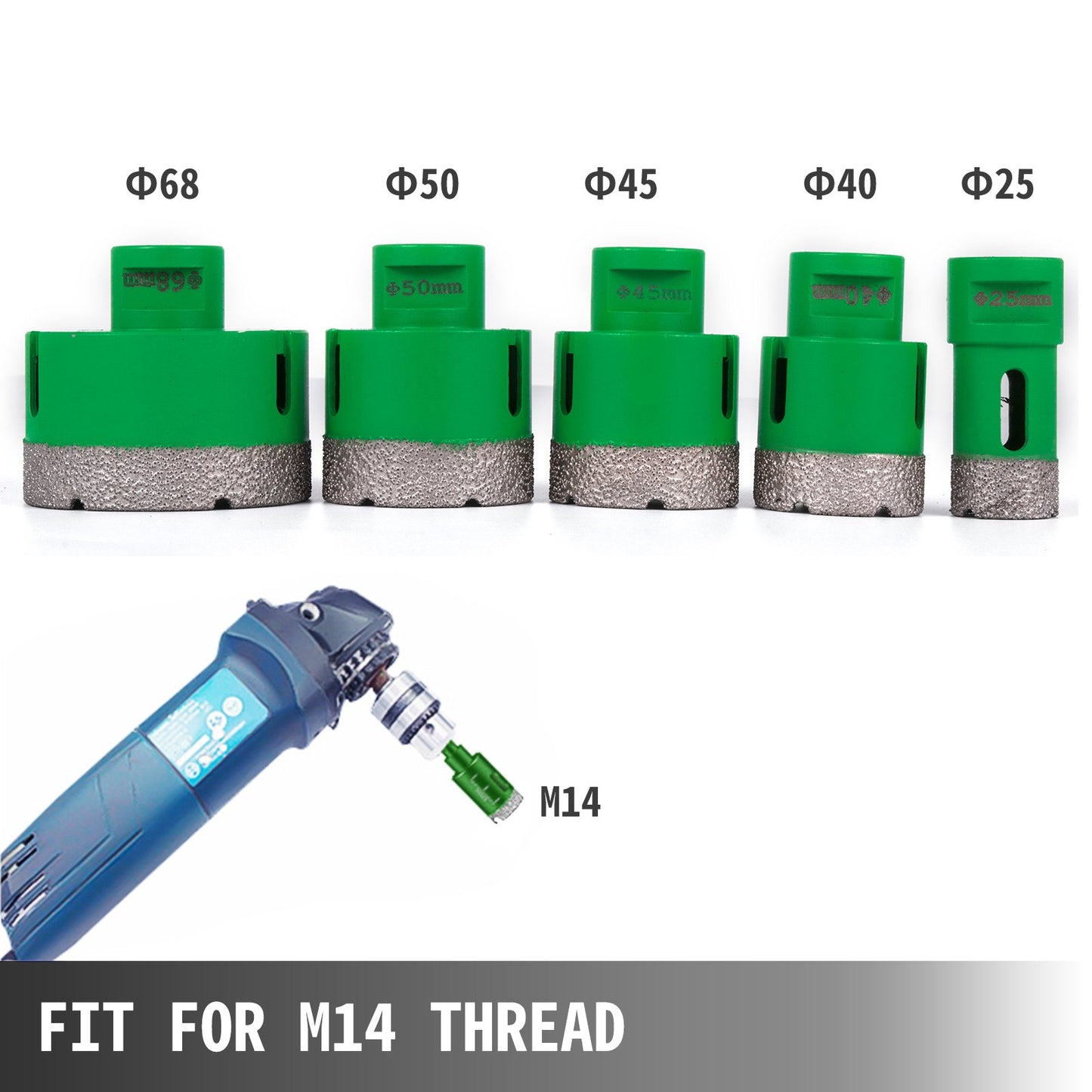 5 Pcs Diamond Hole Saw Set Diamond Drill Core Bits, M14 25/40/45/50/68MM Hole Saw Cutter Drill Bits, M14 thread Point-Accurate Drilling for Tiles Ceramic Granite
