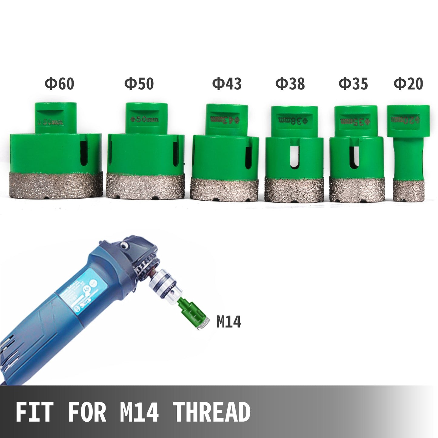 6PCS Diamond Holesaw Set Diamond Drill Core Bits, M14 20/35/38/43/50/60MM Hole Saw Cutter Drill Bits, M14 thread Point-Accurate Drilling for Tiles Ceramic Granite