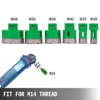 6-teiliges Diamant-Lochsägen-Set, Diamant-Lochsägen-Set 20/25/42/50/55/68 mm M14 Gewinde Lochsägenschneider für Granit, Carborundum und Keramik