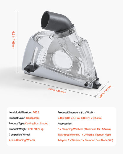 Cutting Dust Shroud for Angle Grinders, Universal 4-5 in Angle Grinder Dust Shroud with 6 Clamping Washers & 5 in Diamond Grinding Cup Wheel, Adjustable Cutting Depth, Connect to Vacuum Cleaner