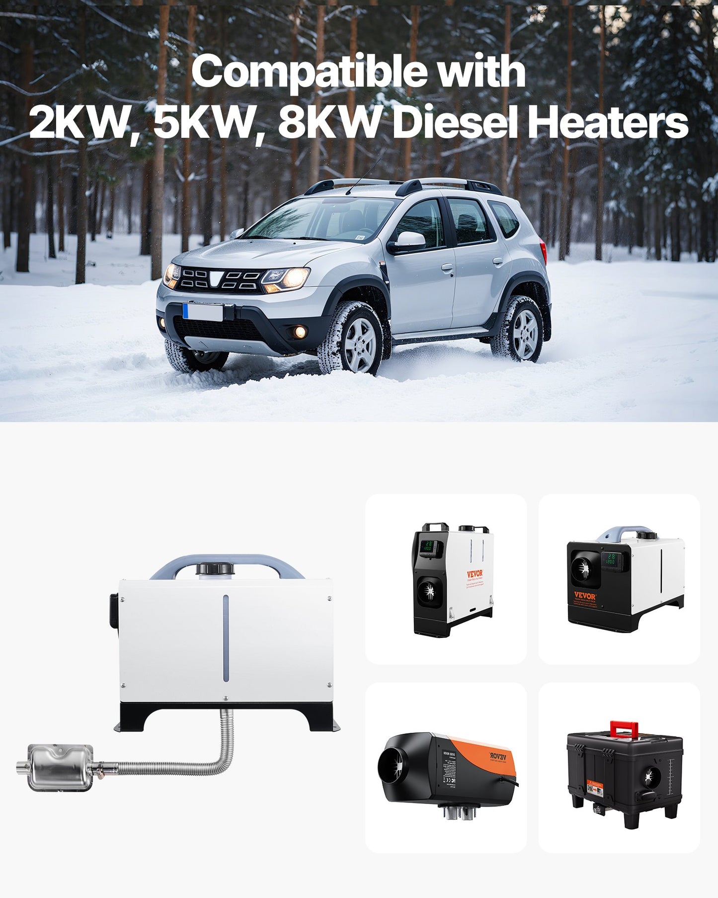 Abgasschlauch, 1980 mm Edelstahl-Abgasschlauch, flexibles Abgasrohr für Dieselheizungen mit 2 Schlauchschellen, Abgasschlauch-Set, Zubehör für Dieselheizungen mit 2 kW, 5 kW und 8 kW