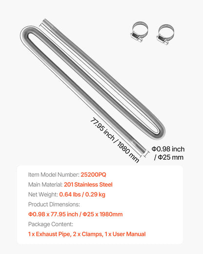 Abgasschlauch, 1980 mm Edelstahl-Abgasschlauch, flexibles Abgasrohr für Dieselheizungen mit 2 Schlauchschellen, Abgasschlauch-Set, Zubehör für Dieselheizungen mit 2 kW, 5 kW und 8 kW