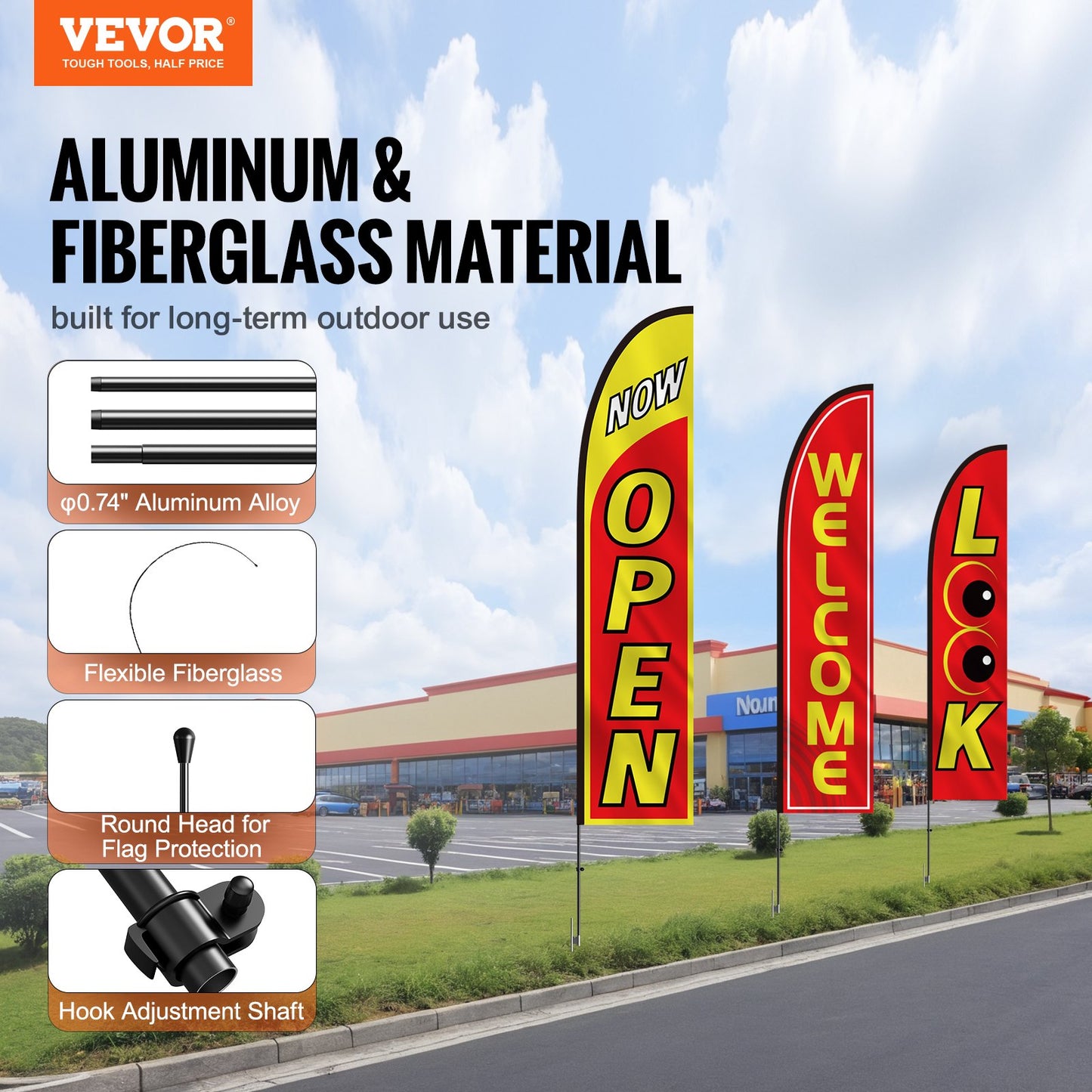 Werbefahnen-Set mit Stange, 3 Fahnen (Offen, Blick, Willkommen), 3 Stangen, 3 Bodenanker, 5 Meter lange Werbefahnen für Unternehmen