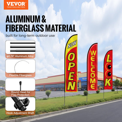Werbefahnen-Set mit Stange, 3 Fahnen (Offen, Blick, Willkommen), 3 Stangen, 3 Bodenanker, 5 Meter lange Werbefahnen für Unternehmen