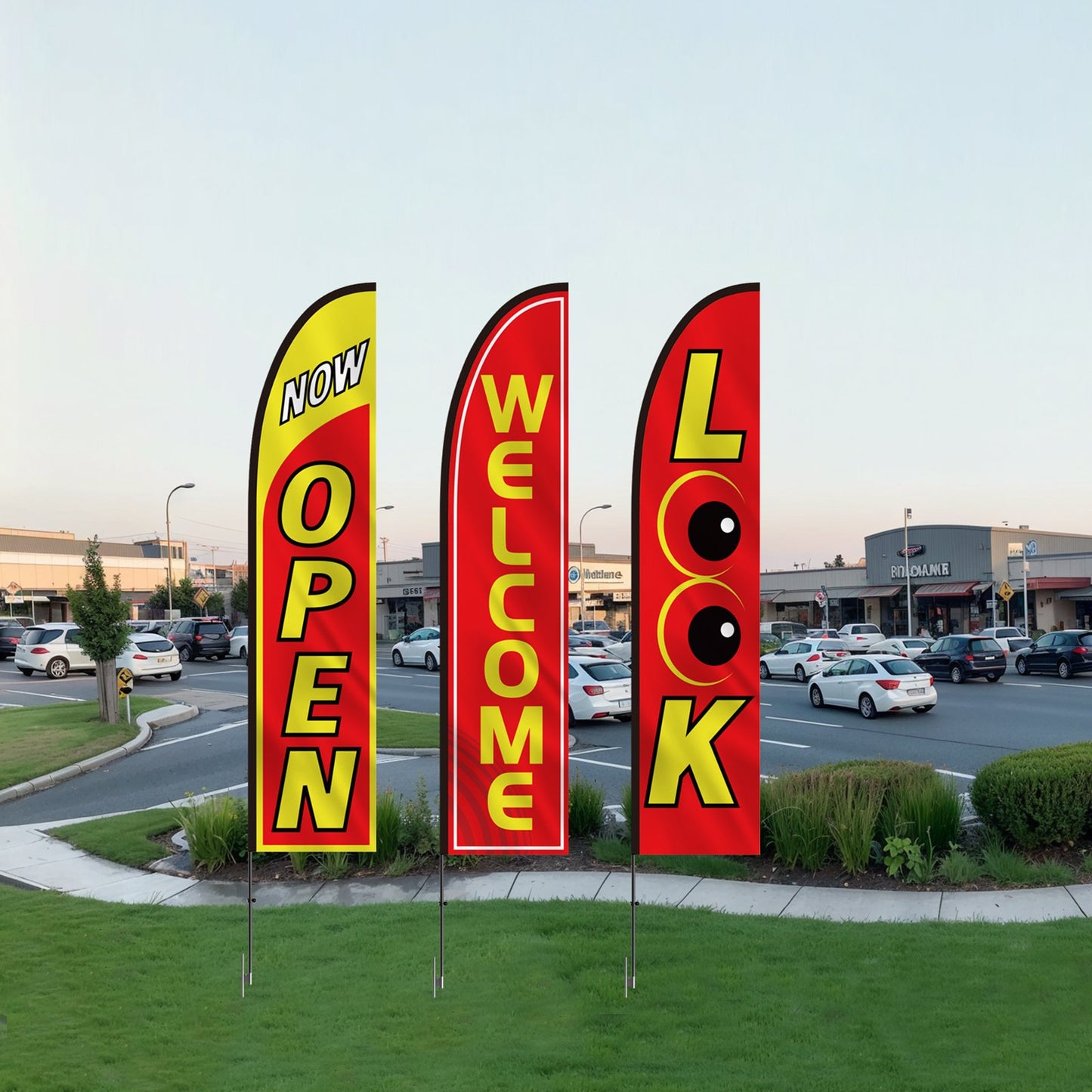 Werbefahnen-Set mit Stange, 3 Fahnen (Offen, Blick, Willkommen), 3 Stangen, 3 Bodenanker, 5 Meter lange Werbefahnen für Unternehmen