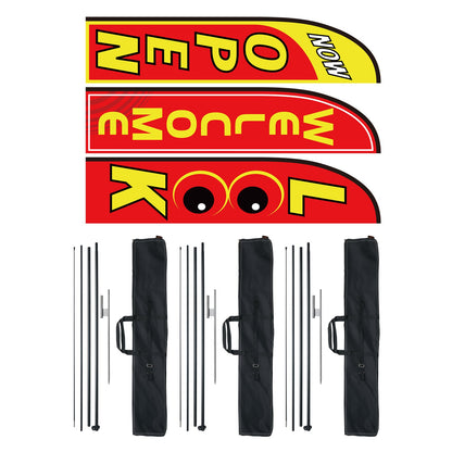 Werbefahnen-Set mit Stange, 3 Fahnen (Offen, Blick, Willkommen), 3 Stangen, 3 Bodenanker, 5 Meter lange Werbefahnen für Unternehmen